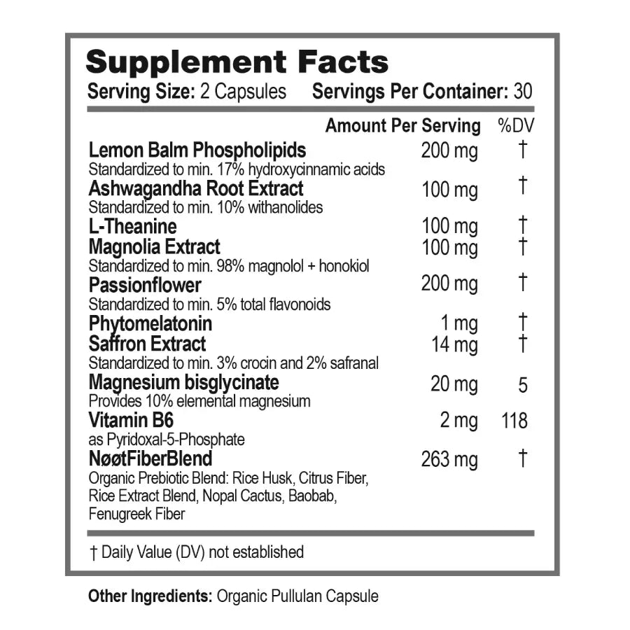 Supplement Facts label showing ingredients of NOOT Deep Sleep: Lemon Balm Phospholipids, Ashwagandha Root Extract, L-Theanine, Magnolia Extract, Passionflower Extract, Phytomelatonin, Saffron Extract, Magnesium Bisglycinate, Pyridoxal-5-Phosphate
