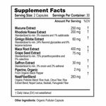 Supplement Facts label showing ingredients of NOOT Happy Mood: Rhodiola Rosea Extract, Ginkgo Biloba Extract, Maca Root Extract, Grape Seed Extract, Saffron Extract, Black Pepper Extract