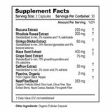 Supplement Facts label showing ingredients of NOOT Happy Mood: Rhodiola Rosea Extract, Ginkgo Biloba Extract, Maca Root Extract, Grape Seed Extract, Saffron Extract, Black Pepper Extract