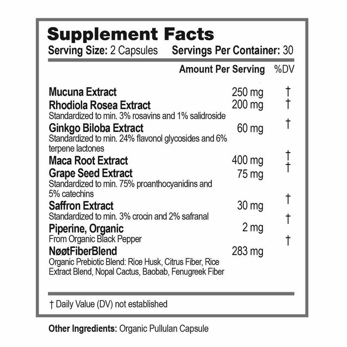 Supplement Facts label showing ingredients of NOOT Happy Mood: Rhodiola Rosea Extract, Ginkgo Biloba Extract, Maca Root Extract, Grape Seed Extract, Saffron Extract, Black Pepper Extract