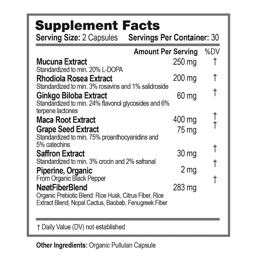 Supplement Facts label showing ingredients of NOOT Happy Mood: Rhodiola Rosea Extract, Ginkgo Biloba Extract, Maca Root Extract, Grape Seed Extract, Saffron Extract, Black Pepper Extract