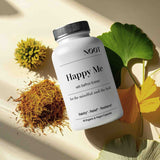 Nootropic supplement bottle labeled 'Happy Me' with natural ingredients like saffron on a light background