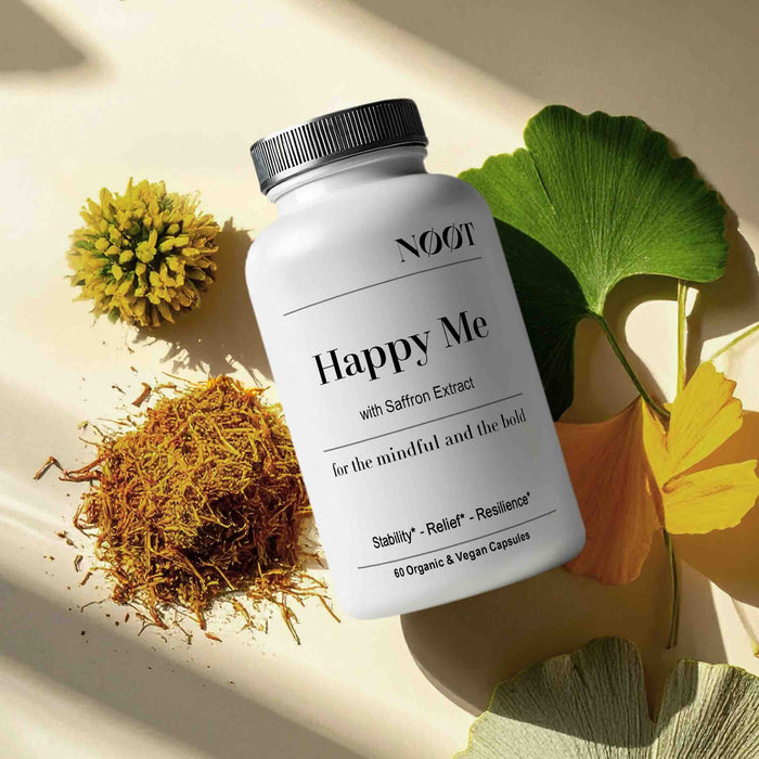 Nootropic supplement bottle labeled 'Happy Me' with natural ingredients like saffron on a light background
