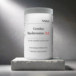 Geniush Mushrooms 2.0 bottle on stone - Lion's Mane, Reishi, Chaga, Cordyceps - Cocoa Drink