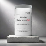 Geniush Mushrooms 2.0 bottle on stone - Lion's Mane, Reishi, Chaga, Cordyceps - Cocoa Drink
