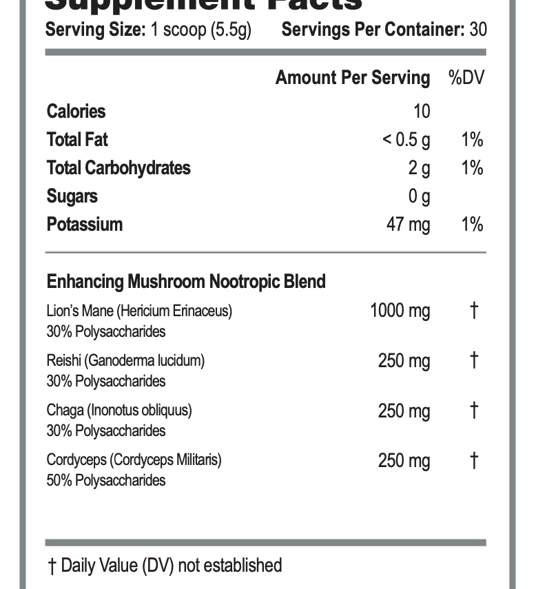 Genius Mushrooms Supplement Facts - Lion's Mane, Reishi, Chaga, Cordyceps, Cocoa Powder, Monk Fruit Extract