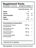 Genius Mushrooms Supplement Facts - Lion's Mane, Reishi, Chaga, Cordyceps, Cocoa Powder, Monk Fruit Extract