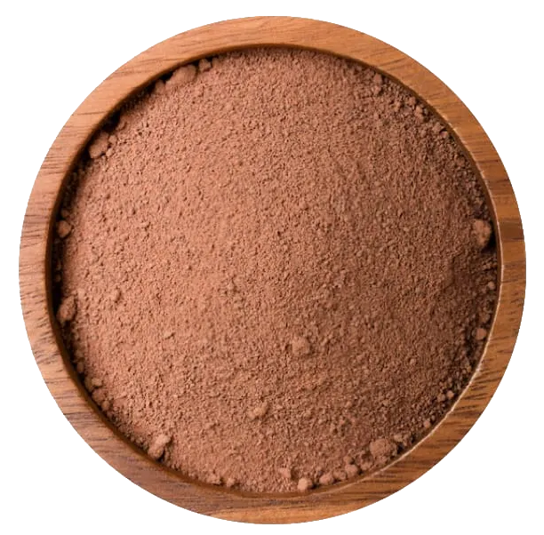 Wooden bowl filled with cocoa powder on a white background