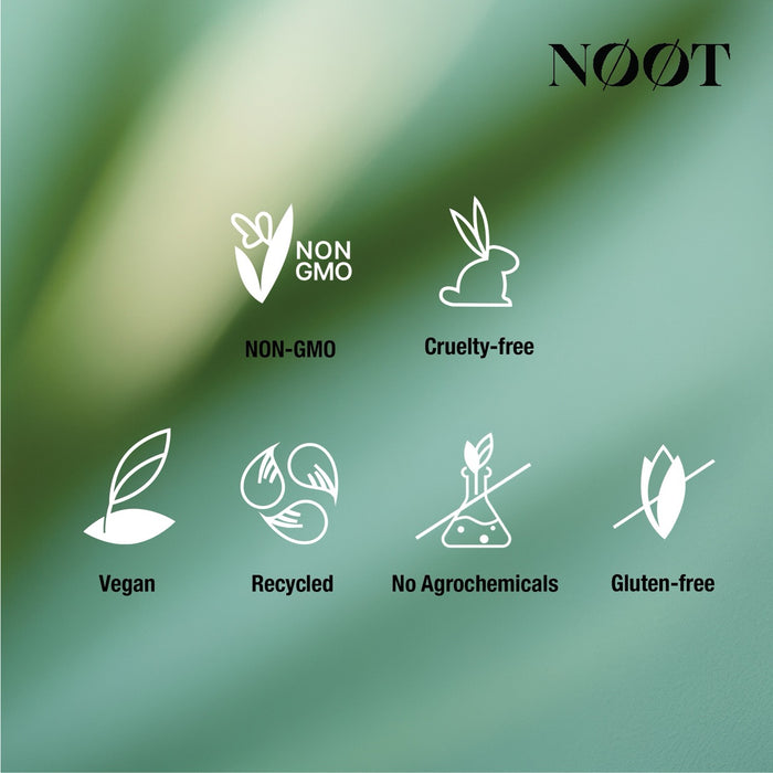 Deep Sleep supplement product features shown on a blurred green background, displaying six white icons indicating non-GMO, cruelty-free, vegan, recycled, no agrochemicals, and gluten-free certifications, with NOOT logo at top.