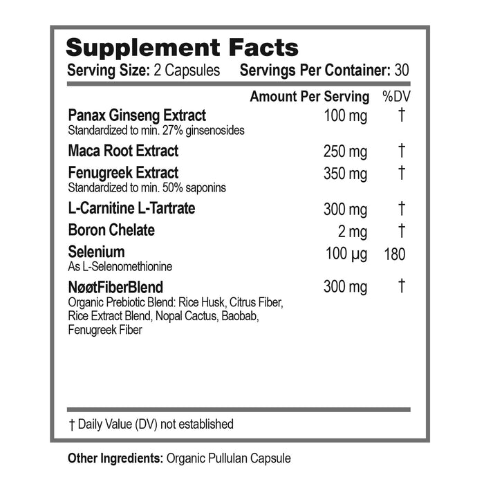 Supplement Facts label showing ingredients of NOOT Alpha Male: Panax Ginseng, Selenium, Maca Root, Fenugreek, L-Carnitine L-Tartrate, Boron