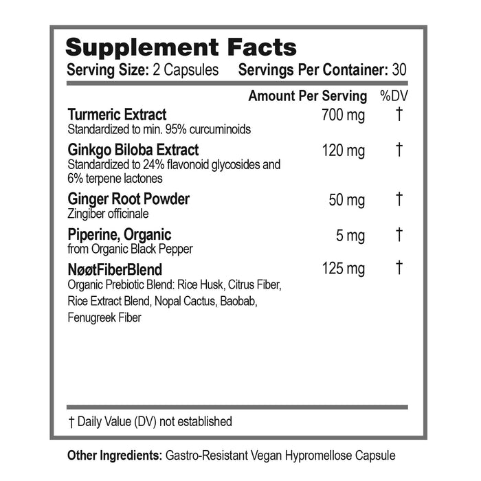 Supplement facts label showing ingredients of NOOT Neuro Flame: Turmeric (Curcumin), Ginkgo Biloba, Ginger root and Piperine (Black Pepper).