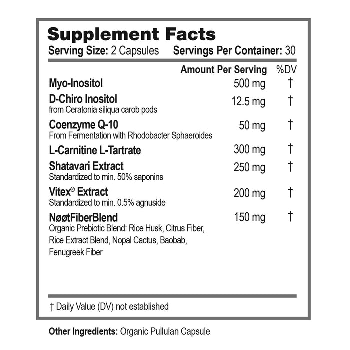 Supplement Facts label showing ingredients of NOOT Female Fertility: Myo-Inositol, D-Chiro Inositol, Coenzyme Q10, L-Carnitine L-Tartrate, Shatavari Extract, Chasteberry Extract
