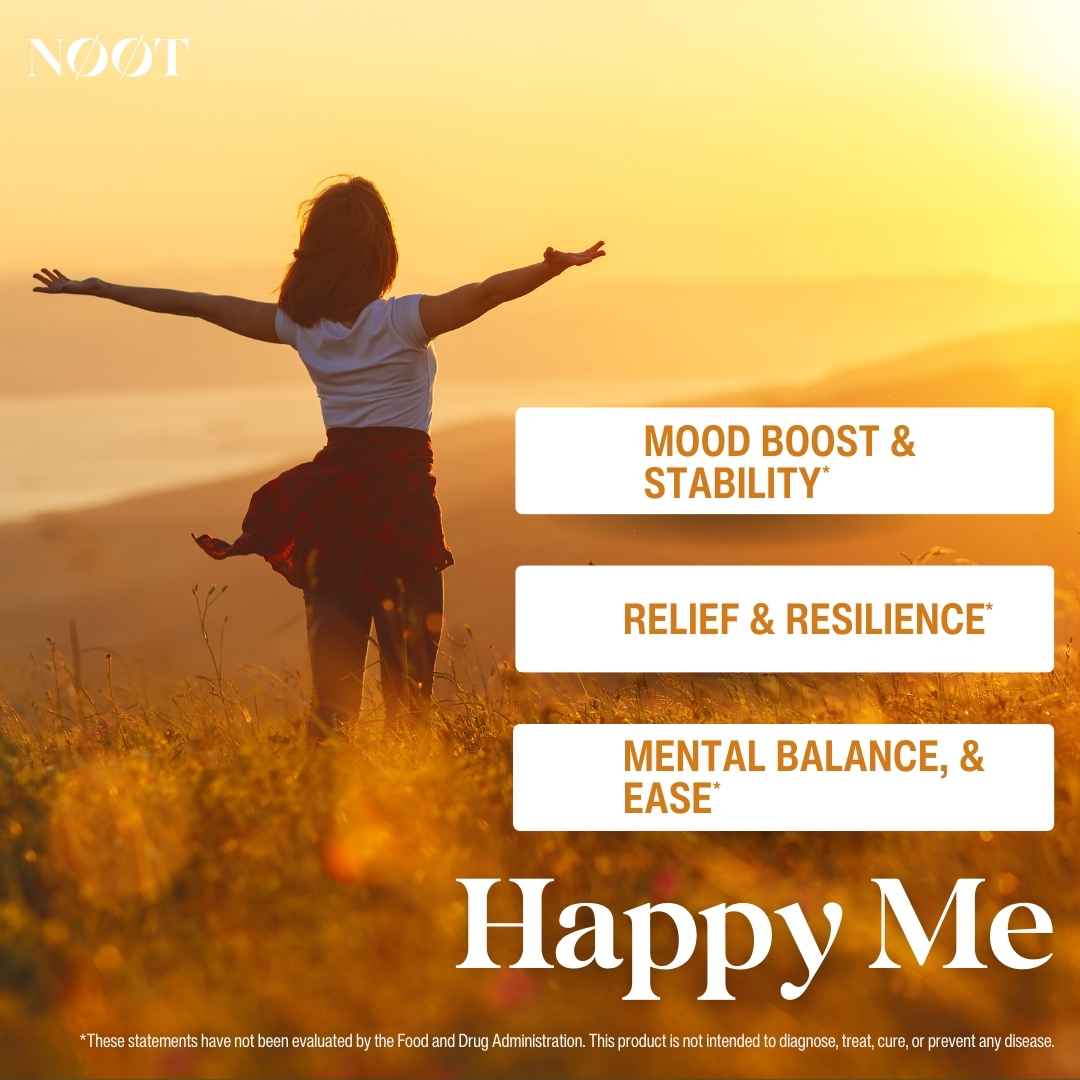 Woman on field in the sun spreading arms, benefits NOOT Happy Me product, Mood Boos, Relief, Mental Balance