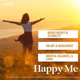Woman on field in the sun spreading arms, benefits NOOT Happy Me product, Mood Boos, Relief, Mental Balance