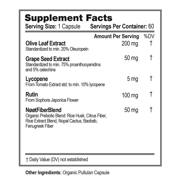 Supplement Facts label showing ingredients of NOOT Cardio Care: Olive Leaf Extract, Grape Seed Extract, Lycopene, Rutin