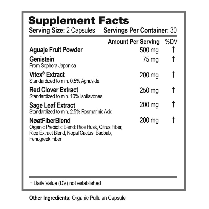 Supplement Facts label showing ingredients of NOOT Menopause Harmony: Aguaje Fruit, Genistein (from Sophora japonica), Chasteberry Extract, Red Clover Extract, Sage Extract