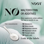 List of substances excluded from NOOT products. No additives, no maltodextrin, no silicon dioxide, no magnesium stearate, no titanium dioxide. Natural supplements without fillers.