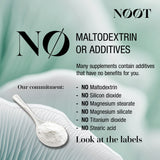 List of substances excluded from NOOT products. No additives, no maltodextrin, no silicon dioxide, no magnesium stearate, no titanium dioxide. Natural supplements without fillers.