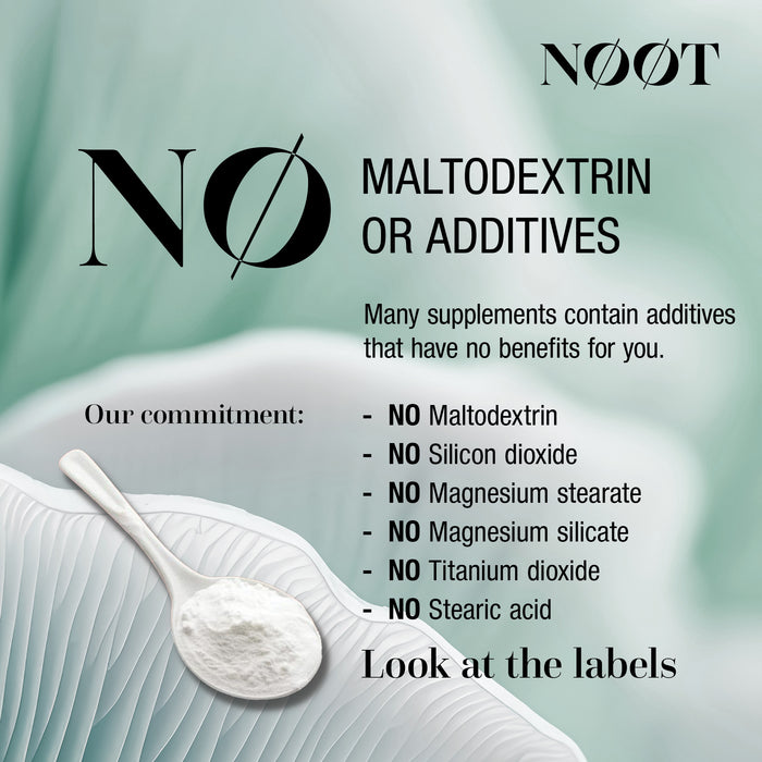 List of substances excluded from NOOT products. No additives, no maltodextrin, no silicon dioxide, no magnesium stearate, no titanium dioxide. Natural supplements without fillers.