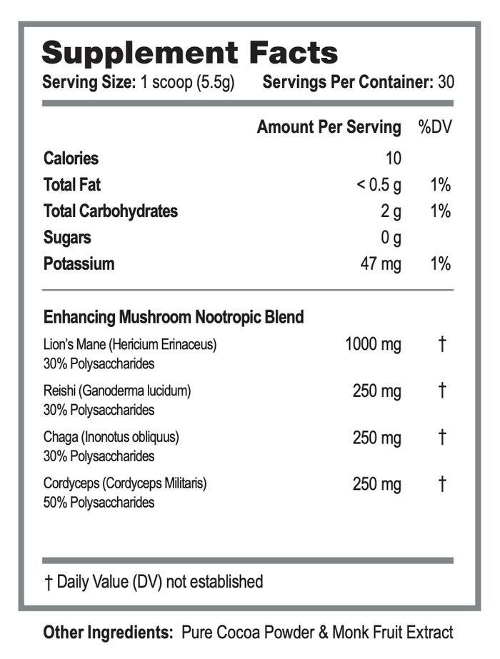 Genius Mushrooms Supplement Facts - Lion's Mane, Reishi, Chaga, Cordyceps, Cocoa Powder, Monk Fruit Extract