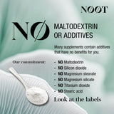 List of substances excluded from NOOT products. No additives, no maltodextrin, no silicon dioxide, no magnesium stearate, no titanium dioxide. Natural supplements without fillers.