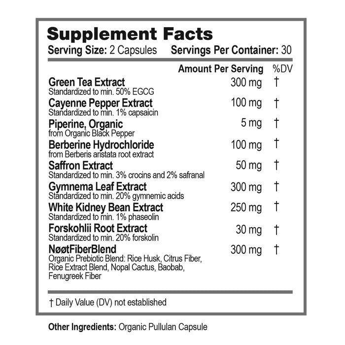Supplement Facts label showing ingredients of NOOT Lean Life: Green Tea (EGCG), Gymnema, Forskohlii, White Kidney Bean, Berberine, Saffron, Cayenne Pepper, Piperine.