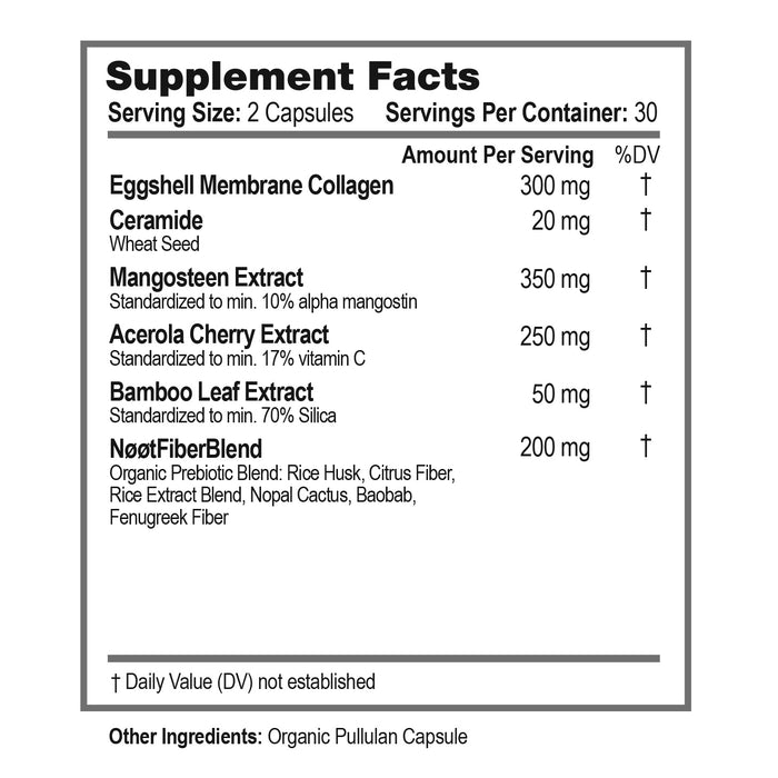 Supplement Facts label showing ingredients of NOOT VeCoGlow: Eggshell Membrane Collagen, Ceramide, Mangosteen (alpha-mangostin), Acerola Cherry (Vitamin C), Bamboo Leaf (silica)